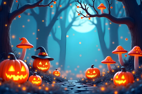 Storybook-style Halloween forest with glowing mushrooms, enchanted pumpkins, and cute magical creatures in a dreamy and richly textured scene
