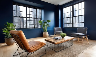 A stylish open-plan office with deep navy blue walls and modern, clean-lined furniture in gray and white