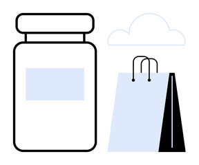 Glass jar for storage next to a reusable shopping bag with modern design, complemented by a cloud graphic. Ideal for sustainability, shopping, eco-friendly lifestyle, minimalism, packaging, home