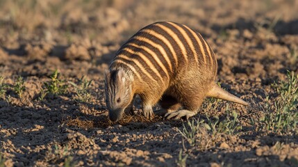 Obraz premium Numbat foraging termites Western Australia striped back glowing in midday sun endangered marsupial