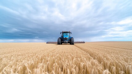 A blue tractor sits in a vast golden wheat field under a partly cloudy sky. The tractor is centrally positioned, creating a symmetrical composition. The image is high-resolution, well-lit with natura