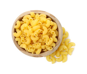 Raw horns pasta in bowl isolated on white, top view