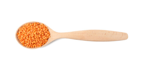 Raw lentils in wooden spoon isolated on white, top view
