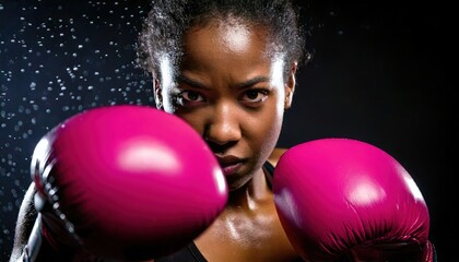 Diversity Exercise boxing, Focused female boxer with pink gloves, ready to fight against a dramatic backdrop. Powering strength in wellness.
