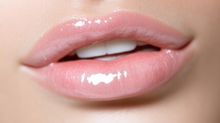 Close-up of glossy, pink lips.  Healthy, beautiful, full lips with a subtle shine