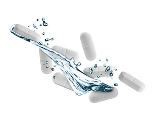 Many pills and splashes of water in air on white background