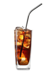 Glass of cola with ice cubes isolated on white