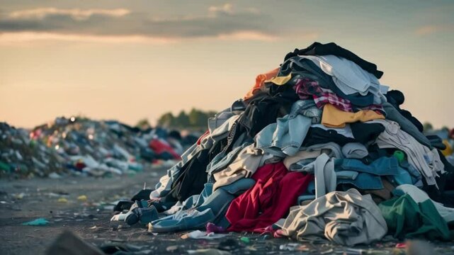 A pile of old clothes in a landfill, fast fashion Garments factory waste, dumping sites, waste clothes Concept, Garment Wastes, Textile Garbage, created with generative ai