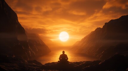 A serene silhouette of a person meditating at sunset, surrounded by tranquil mountains and reflective waters.