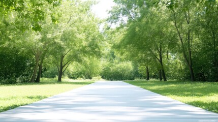 A light gray paved path stretches into a lush green landscape. Lush green trees line both sides, creating a canopy overhead. The image is well-lit, likely taken outdoors on a sunny day. It exhibits a