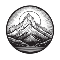 Majestic Mountain Landscape with Sun Rays in Woodcut Style Design