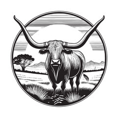 Highland Cow in a Rustic Landscape with Rolling Hills and Trees