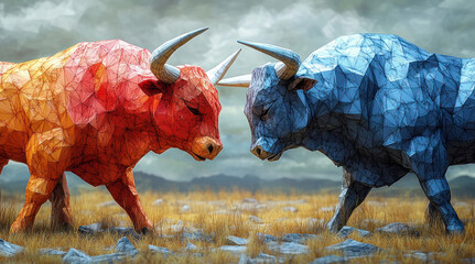 two bulls, made in the style of low poly 3D graphics. One bull is painted in fiery red and orange shades, the second in cold blue and light blue tones. 