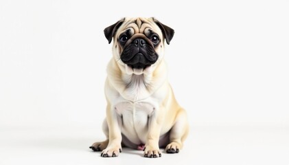 Obraz premium Adorable pug dog sits alone against white background, small dog, companion, canine
