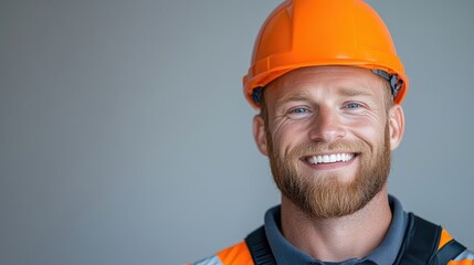 A smiling construction worker, wearing an orange hard hat and safety vest, is the focus. The image is a close-up headshot against a plain gray background. The photo is high-quality with good lightin