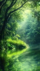 Obraz premium A beautiful natural scene shows sunlight filtering through trees over water