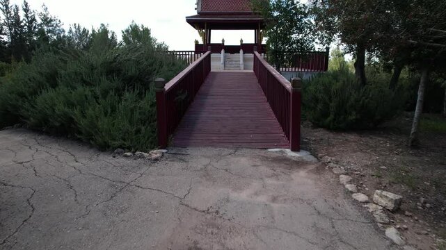 Aerial Panning Shot Of Famous Buddhist Temple , Ben Shemen Forest, Israel