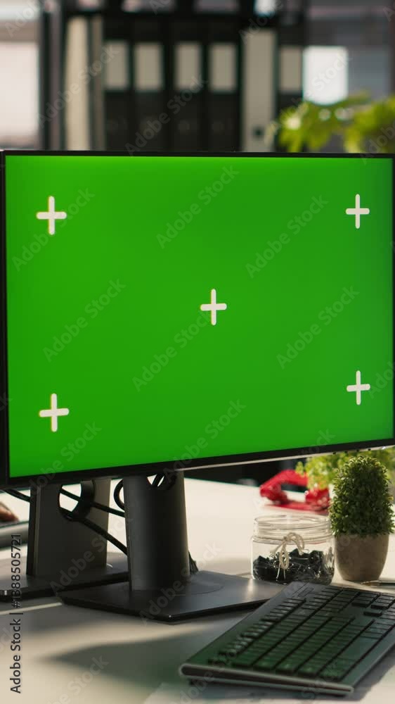 Poster vertical video employee at work using isolated screen pc to check progress done on customer commissi
