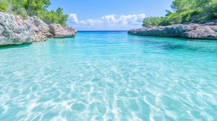 Fototapeta premium Tranquil turquoise cove, crystal-clear water, sun-drenched beach. Rocky formations, lush greenery, idyllic escape