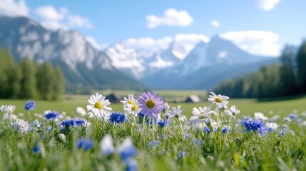 Colorful wildflowers in a meadow, with mountains in the background. Lush green grass, various flowers in shades of white, purple, and blue, under a clear, sunny sky. Picturesque Alpine scenery