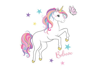Vector illustration. unicorn and stars . Lovely T-shirt printing, Celebration templates, ads, branding, banner, cover, label, poster, sales