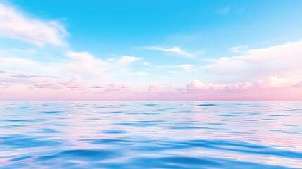 Obraz premium Serene pastel sky and sea. Soft pink and blue hues meet in a tranquil seascape. Clouds drift across a vast expanse of water, reflecting the gentle colors of the twilight