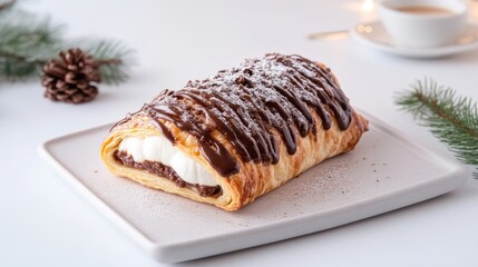 A delicious chocolate pastry, drizzled with ganache and dusted with powdered sugar, rests on a white rectangular plate. A pine sprig and pinecone are subtly placed in the background. The image is hig