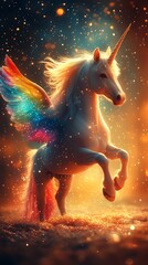 Magical White Unicorn with Rainbow Wings Against a Shimmering Background

