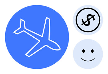 Airplane icon in blue circle, dollar sign representing financial aspects, and happy face for positive emotions. Ideal for travel, finance, cost-saving, happiness, efficiency leisure marketing. Flat