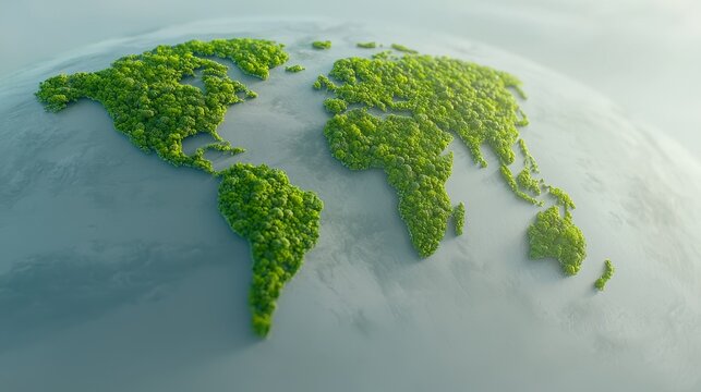 Green world map, visualizing global environmental sustainability and conservation efforts