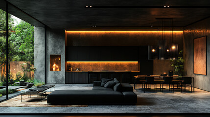 realistic photography, modern, architecture, residential, living room, rich, mode, sophisticated, simple, minimalist, concrete, wall, detached house, clean, natural, harmony, beautiful, metal, subtle 