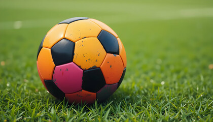 Fototapeta premium Colorful Soccer Ball on Lush Green Grass Vibrant Sports Photography