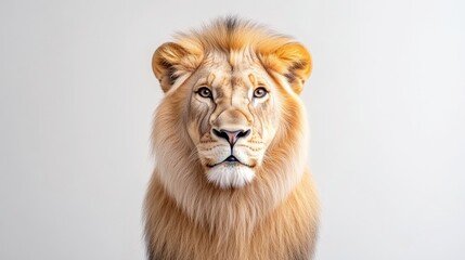 A majestic lion with a thick, golden mane stares directly at the camera. The image is a high-quality studio shot, featuring even lighting and a simple, neutral background. The style is clean and cla