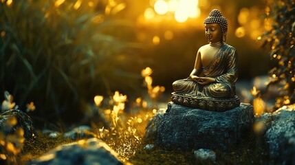 A golden meditating Buddha statue placed on a stone platform, illuminated by warm golden light, with a serene natural backdrop and space for creativity
