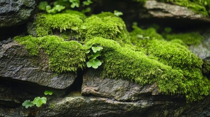Lush green velvety damp moss clinging to rocks