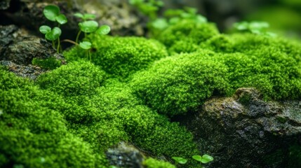 Lush green velvety damp moss clinging to rocks