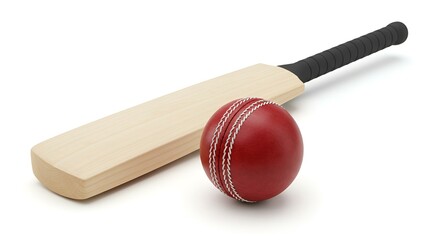 Cricket bat and red ball isolated on white background