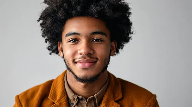 Smiling Young Man With Curly Hair in Casual Brown Jacket Generative AI