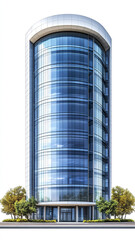 Obraz premium tall, modern office building with glass facade and trees in front