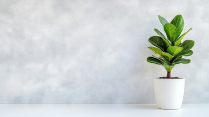 Fototapeta premium A fiddle leaf fig plant sits in a white pot against a gray wall. The image is well-lit, showcasing the plants vibrant green leaves. A minimalist style is present. Muted greens and grays create a ca