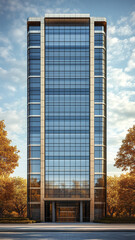 tall office building with glass facade and autumn trees