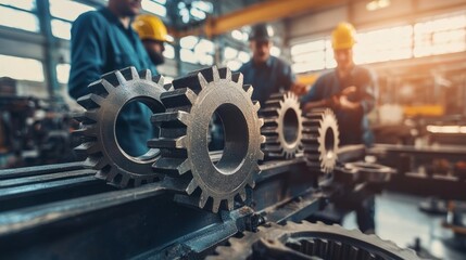 Team of engineers adjusting interconnected gears, symbolizing efficient teamwork, industrial machinery in background, gritty textures