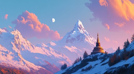 A stupa set amidst a snow-capped mountain range, soft twilight light with plenty of room for branding or content