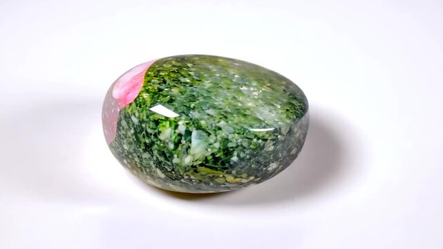 A polished, oval-shaped unakite stone with green and pink patterns on a white background. Mineral texture macro.