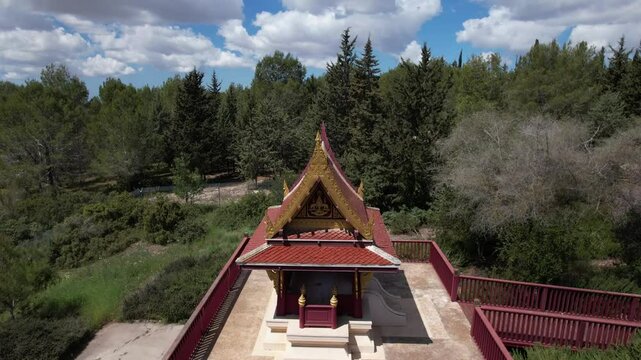 Aerial Panning Shot Of Famous Buddhist Temple , Ben Shemen Forest, Israel