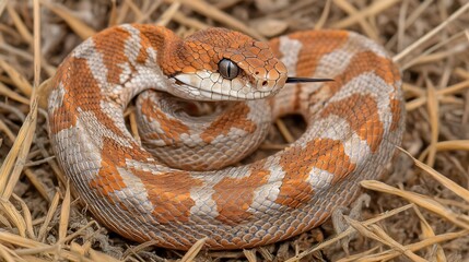 Obraz premium Puff adder camouflaged African savanna grass coiled strike pose hyper realistic scale textures