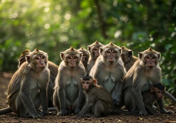 Fototapeta premium Family of Macaque Monkeys Sitting Together in Lush Forest Environment