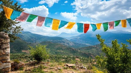 Decorative prayer flags draped across a mountaintop temple, spiritual scenery and open background