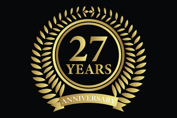 27 years anniversary icon with laurel wreath and number, vector illustration.