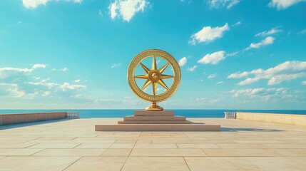 Golden dharma wheel sculpture on a temple rooftop, traditional Buddhist symbolism under clear blue sky with ample space